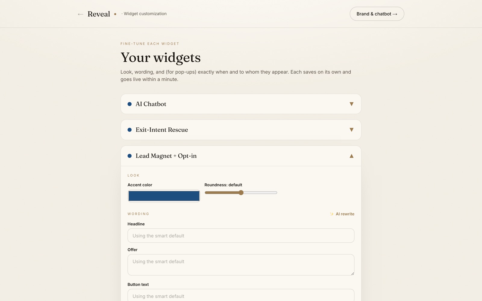 The widget studio: customize each tool's look, wording, and targeting